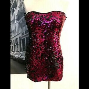 Sequin Red & Black Strapless Party Dress